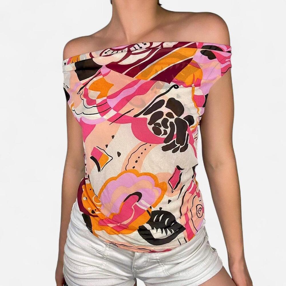 Morgan De Toi pink sheer floral off the shoulder scoop neck sleeveless top